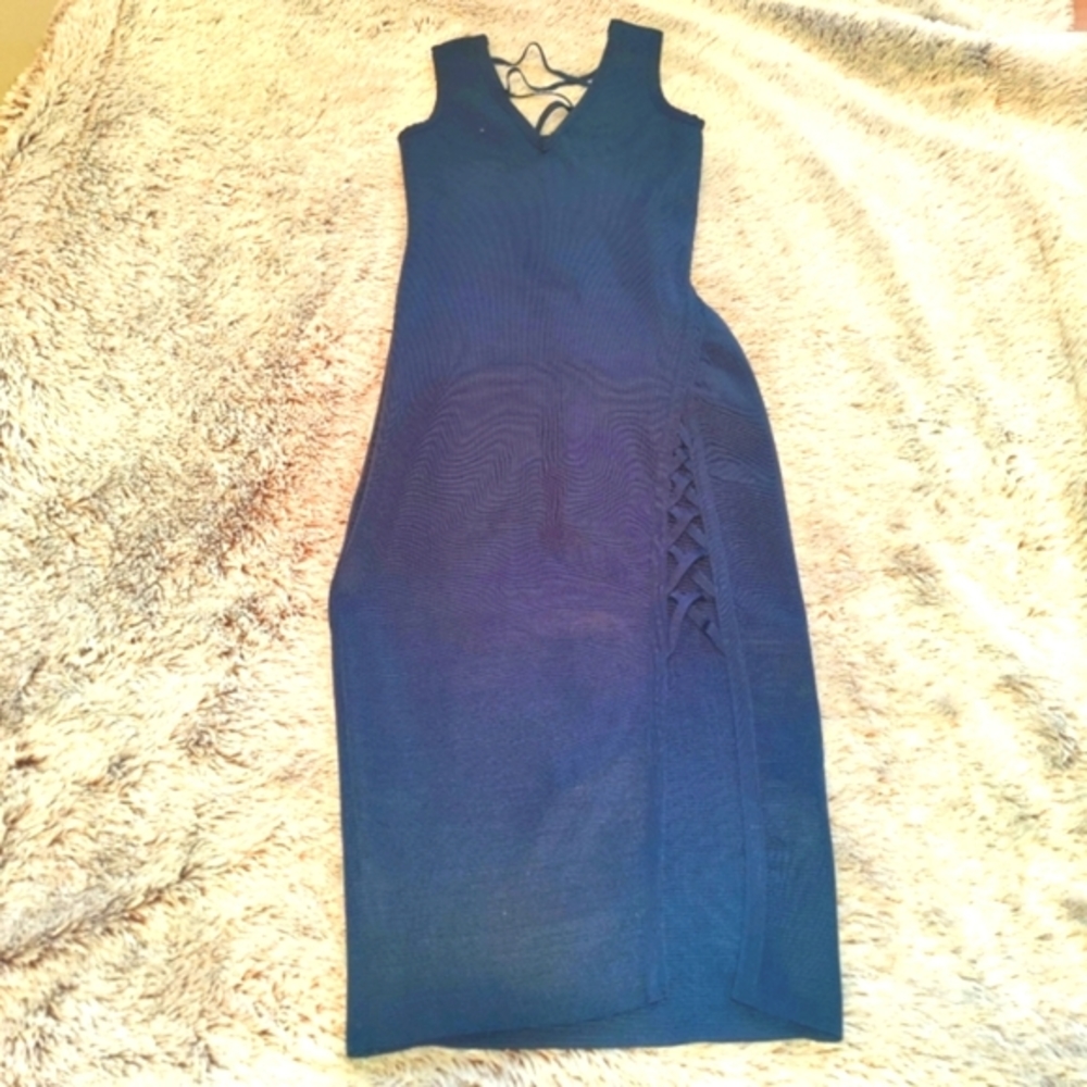WOW Couture Navy blue dress with high split and deep cut back